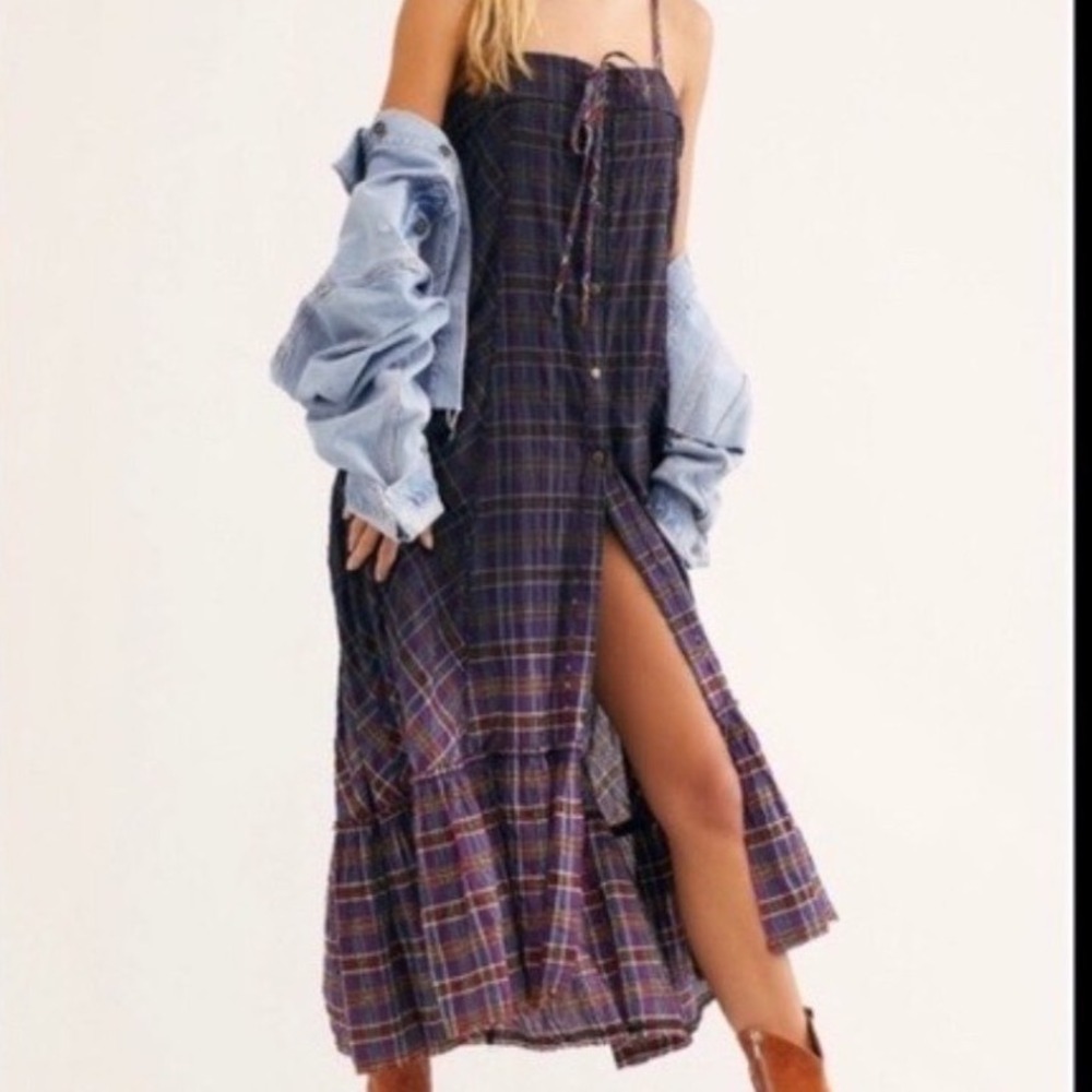 We The Free Free People Plaid City Boho Maxi Dress Button Front Ruffle Small